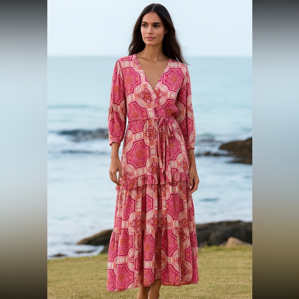 Lea Pink Printed Ruffle Trim Wrap Maxi Dress